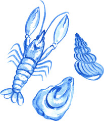 Hand-drawn Lobster, Shells, and Marine Life, Watercolor