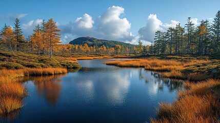 Fototapeta premium A complex landscape of peatland with pools and ridges, showcasing the diversity of ecosystems affected by climate change