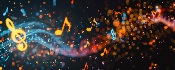 Abstract illustration of musical background with music notes and colorful wavy lines. Concept of the background and backdrop.