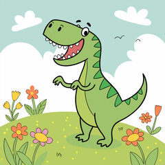Obraz premium A cheerful green dinosaur stands in a field of colorful flowers, making a delightful addition to children's books, educational materials, or any project that needs a cute and playful touch.