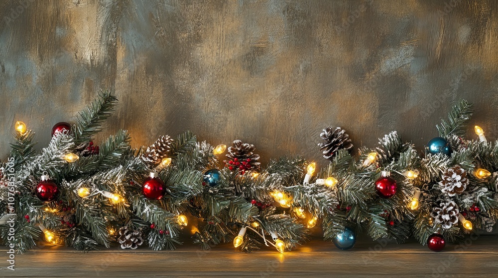 Wall mural Festive holiday garland with pine cones, ornaments, and lights on rustic background