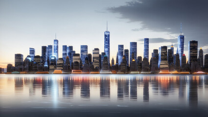 Fototapeta premium A city skyline, likely New York City, with tall buildings reflected in the water at twilight.