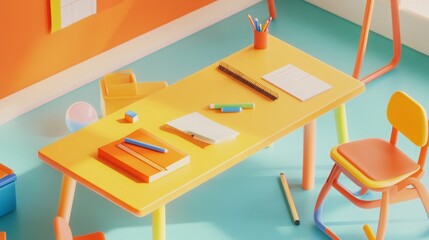 High-resolution mockup of a kindergarten classroom desk with bright colors and organized layout. 