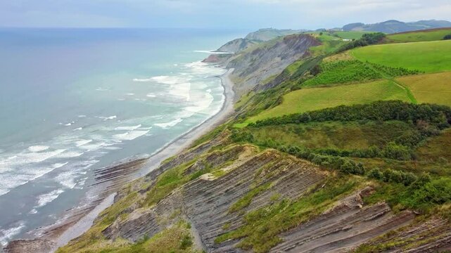 Aerial view of the Flysch Begiratokia is part of the basque coast. Deba, Gipuzkoa, Spain.