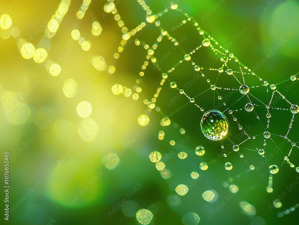 Poster dew drops glisten on a spider web, illuminated by soft light, creating a mesmerizing natural scene r