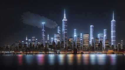 Obraz premium A city skyline, likely New York City, with tall buildings reflected in the water at twilight.