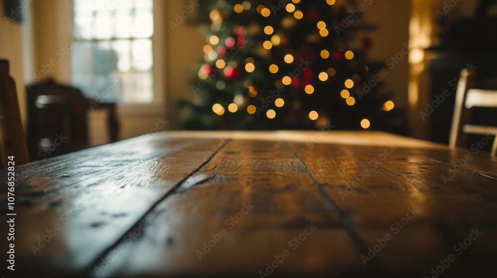 Poster a rustic, wooden table is set in a cozy room, illuminated by soft light from a beautifully decorated