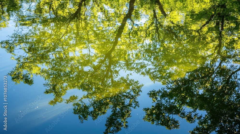 Poster a serene reflection of vibrant green tree leaves on a calm water surface, creating a tranquil and pi