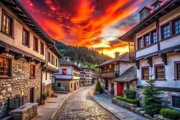 Obraz premium Sunset Silhouette of Shiroka Laka's Historic Buildings Against the Vibrant Sky in the Rhodope Mountains of Southern Bulgaria