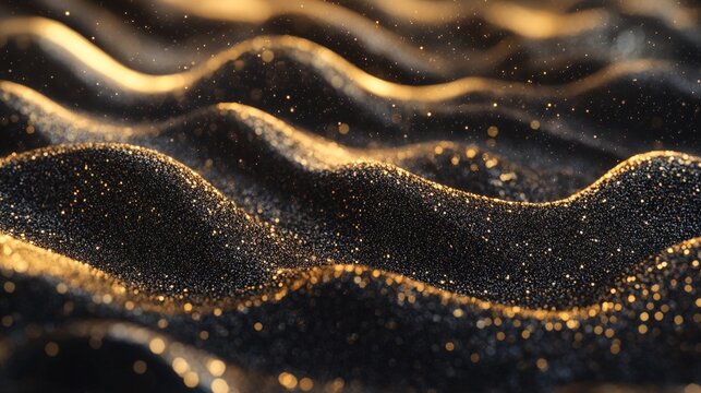Shimmering golden waves of glittering particles dance in a mesmerizing abstract landscape, evoking a sense of luxury and cosmic mystery in this macro view.