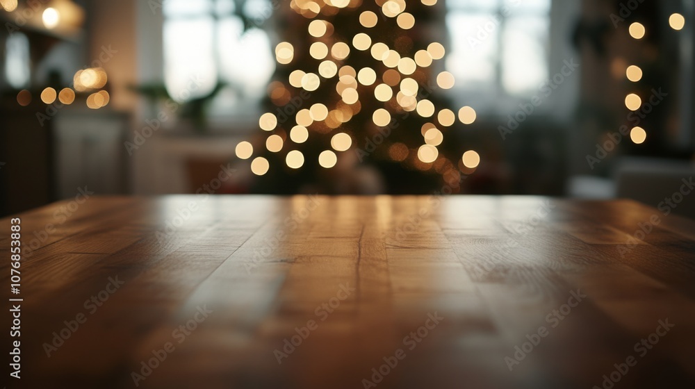 Poster A wooden table with a blurred Christmas tree in the background. The lights on the tree are out of focus, creating a soft, warm glow. The table is empty and ready for a festive centerpiece.