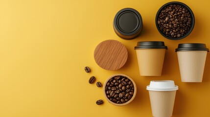 A vibrant yellow backdrop showcases various coffee cups and a coaster, creating an inviting coffee-themed flat lay.