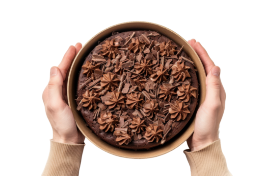Top View of Woman Holding Chocolate Cake Box Isolated on Transparent or White Background - Powered by Adobe