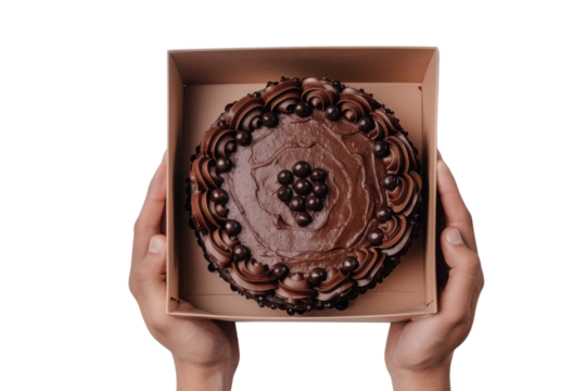 Top View of Man Holding Chocolate Cake Box, Packaging for Advertisement Isolated on Transparent or White Background