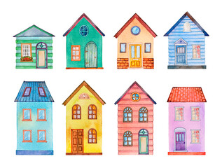 Colorful watercolor houses, kids hand painted illustration.
