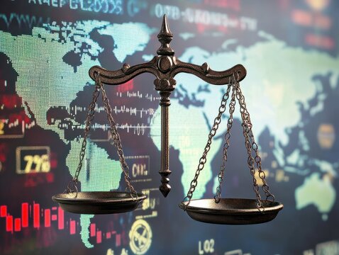 A global finance law concept with scales of justice overlaid on a world map filled with stock market symbols