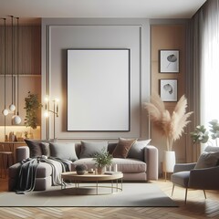 Modern Living Room with Framed Wall Art Mockup"