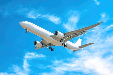 Obraz premium White Airplane Flying Against a Clear Blue Sky with Clouds