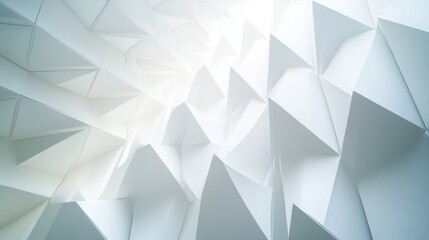 Fototapeta premium A modern indoor space features a textured wall covered in geometric shapes. Soft light illuminates the surface, creating a striking visual effect that enhances the contemporary design.