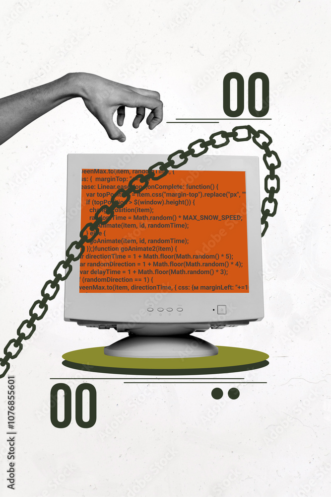 Poster composite trend artwork sketch image photo collage of hand hold metal chain hacker data information 