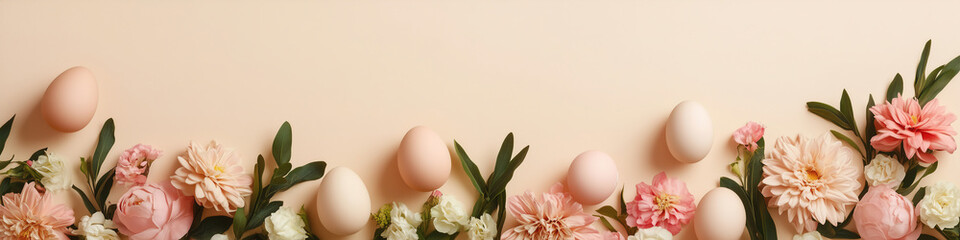 Obraz premium Delicate pastel eggs nestled among pink and white flowers on a soft beige background during springtime festivities. Generative AI