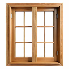 Obraz premium A wooden window design without glass, isolated on a white background.