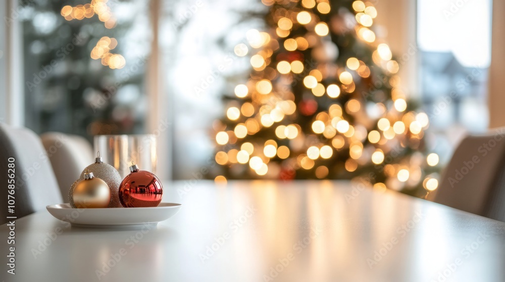 Poster The inviting dining room has a white table with decorative ornaments and a sparkling Christmas tree in the background, creating a perfect festive setting for holiday gatherings.