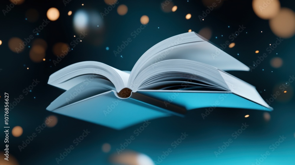 Poster mystical floating book with glowing pages amidst enchanting bokeh lights