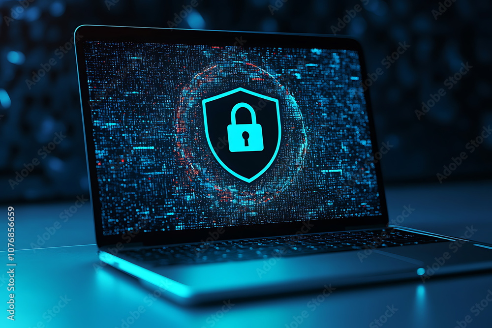 Poster laptop screen displaying a lock icon on a shield symbol representing cybersecurity on a blue backgro