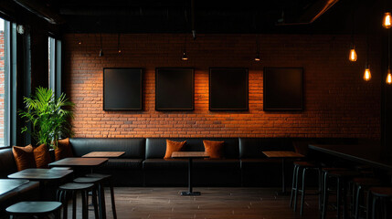 Stylish cafe interior with dark brick walls, cozy seating, and vibrant greenery.