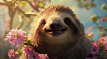 Obraz premium Portrait of happy sloth rejoice with spring.