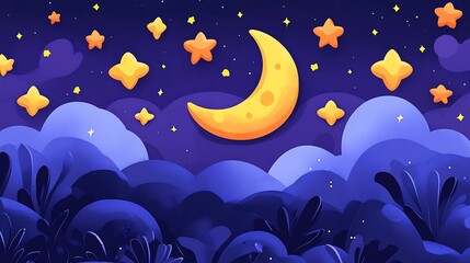Fototapeta premium Enchanting Night Sky with Shining Stars, Crescent Moon, and Dreamy Blue Clouds Perfect for Children's Themes and Fantasy Illustrations