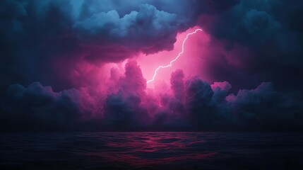 A dramatic sky illuminated by vibrant lightning amid dark storm clouds over water.