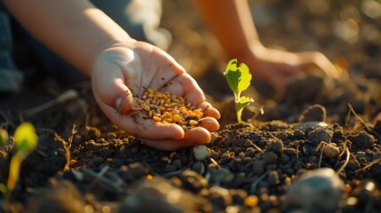 Close-up of kids hand and adult hand with a seedling, cartoonish style, bright daylight