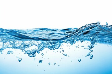 clean blue water surface with splash, ripple and air bubbles on white background