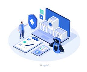 Doctor work with artificial intelligence for diagnosis, treatment. Ai medical technology, healthcare innovation concept. Flat isometric vector illustration.