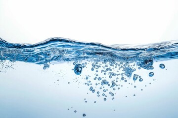 clean blue water surface with splash, ripple and air bubbles on white background