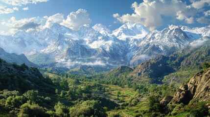 Majestic mountain landscape with snow-capped peaks and lush greenery.