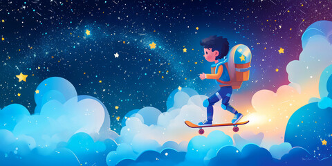 Naklejka premium Young adventurer with rocket pack skating through clouds and stars