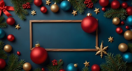 Merry Christmas and Happy Holidays greeting card, frame, banner. New Year. Noel. Christmas ornaments and gift on blue background top view. Winter xmas holiday theme.