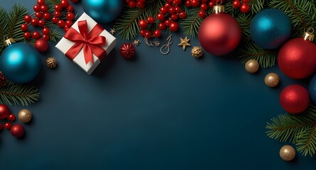 Merry Christmas and Happy Holidays greeting card, frame, banner. New Year. Noel. Christmas ornaments and gift on blue background top view. Winter xmas holiday theme.