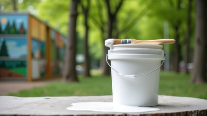Bucket of paint for wall art and murals. A paintbrush rests on a white bucket with a nature painting in the background, creating an artistic and serene scene.