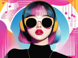 Vibrant Pop Art Style Portrait of Asian Woman with Colorful Hair and Headphones