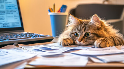 A playful cat lounging on a messy desk surrounded by scattered papers and a laptop.