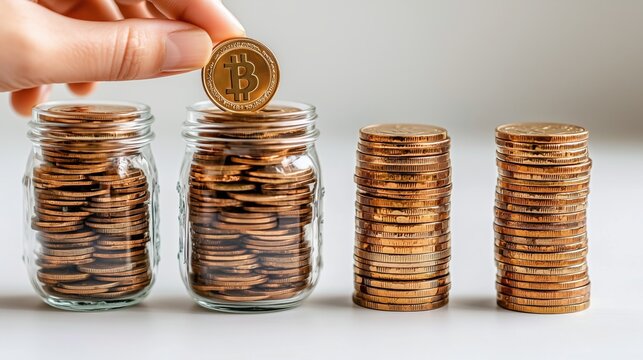 Bitcoin coins in jars and neatly stacked gold coins, highlighting savings, wealth management, and the growing trend of cryptocurrency investments. - Powered by Adobe