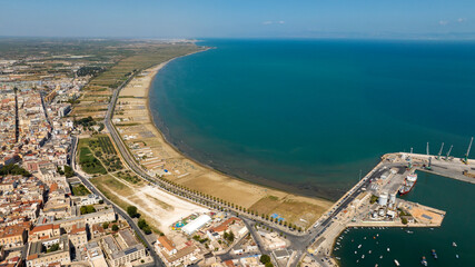 Obraz premium Aerial view of the city beach of Barletta, Puglia, Italy. It is a sandy beach on the Adriatic Sea.