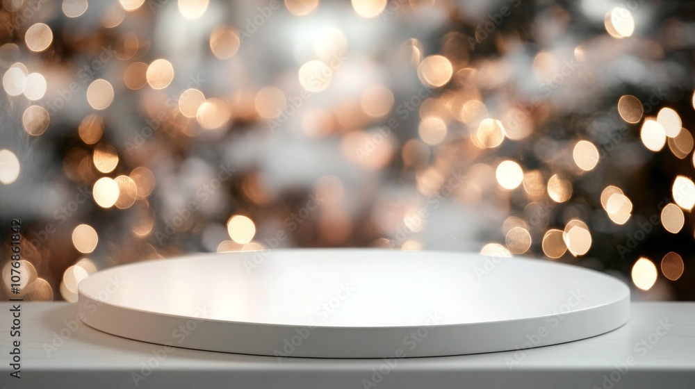Poster a white platform sits on a white surface in front of an out-of-focus background of warm golden light