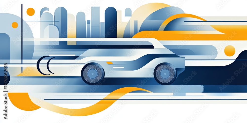 Poster futuristic automotive design in abstract urban scene with dynamic shapes and lines