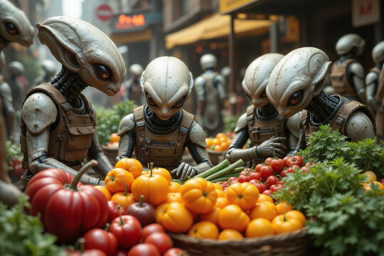 Extraterrestrial alien military border patrol personnel inspecting seized fruit and vegetables considered contraband of human space travelers
