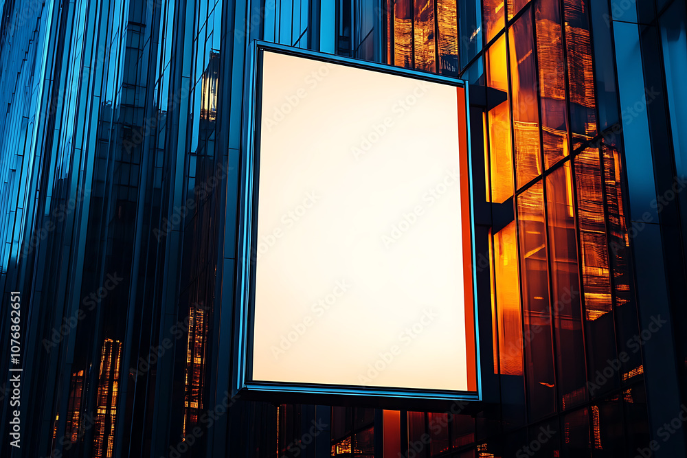 Poster isolated blank billboard on a modern building facade with illuminated windows at night.